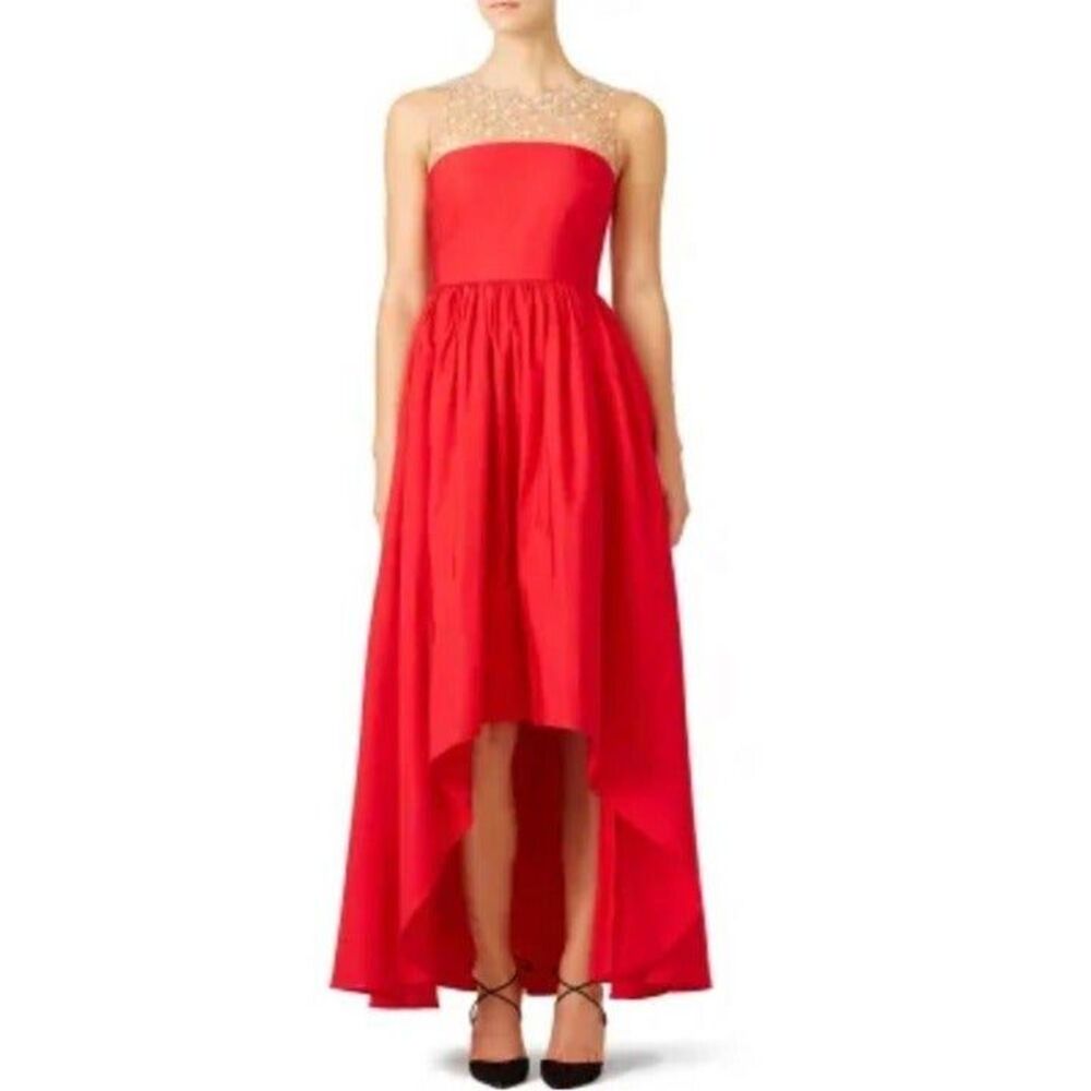 New Marchesa Notte red silk blend high low mesh dress
